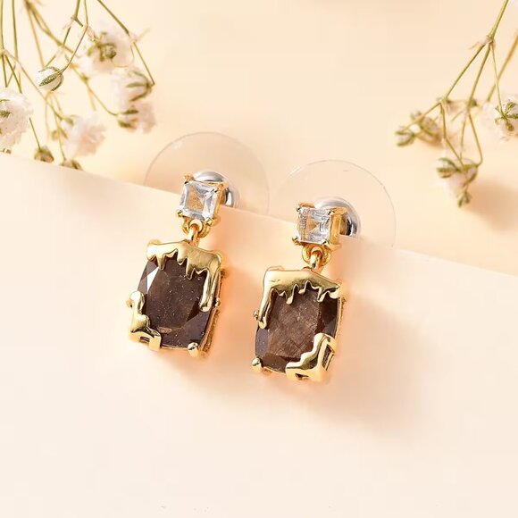 Zawadi Chocolate Sapphire & White Topaz Molten Moments Earrings 18K o/SS NEW - Picture 2 of 6